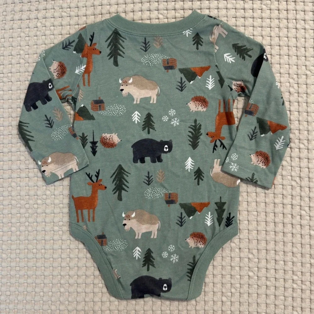 3/$15 🌸 Garanimals Woodland Creatures Baby Boy Green Long Sleeve Animals Onesie